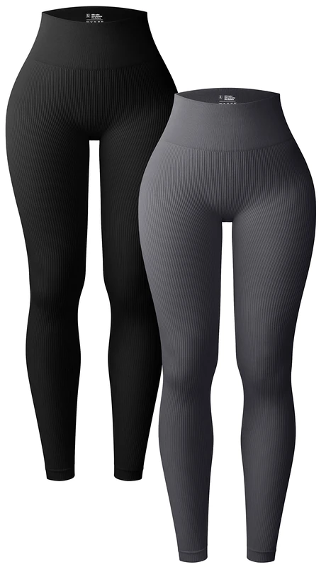 OQQ Women's 2 Piece Yoga Leggings Ribbed Seamless Workout High Waist Athletic Pants, Black Darkgrey, M