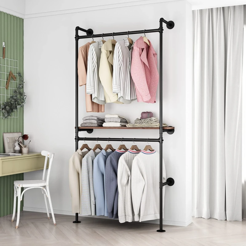 DR.IRON Industrial Pipe Clothing Rack Wall Mounted Garment Rack,Vintage Clothes Rack Retail Display Hanging Rod for Closet Storage,Laundry Room(Black)