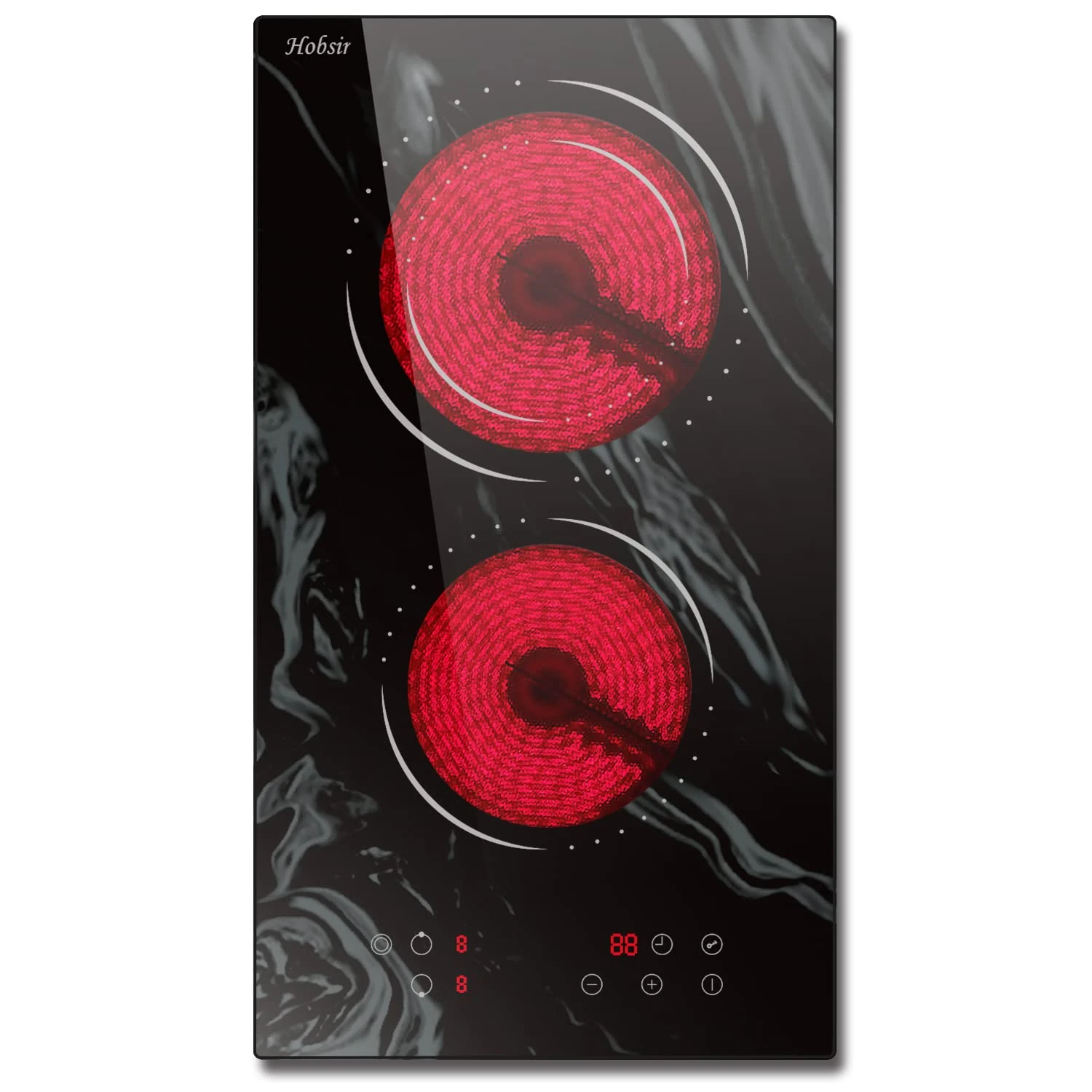 2 Zones Ceramic Hob, Hobsir Built-in Electric Hob 30cm, Marble, 3200W, Touch Control, Doul Zone, 9 Heating Levels, Safety Lock,Timer, Hard Wire, No Plug Included, LH09