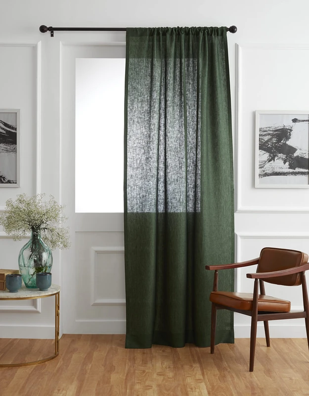 Solino Home European Flax Linen Curtain Forest Green, 52 x 96 Inch Light Filtering Rod Pocket Curtain 96 Inch, 100% Pure Linen Window Treatment for Living Room, Bedroom - 1 Panel