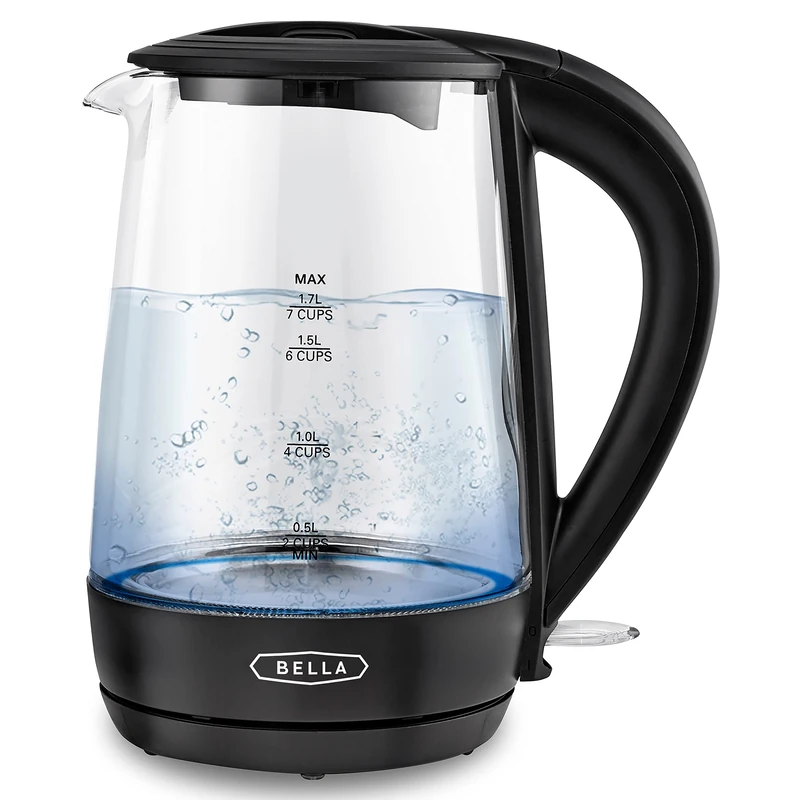 BELLA 1.7 Liter Glass Electric Kettle, Quickly Boil 7 Cups of Water in 6-7 Minutes, Soft Blue LED Lights Illuminate While Boiling, Cordless Portable Water Heater, Carefree Auto Shut-Off, ck