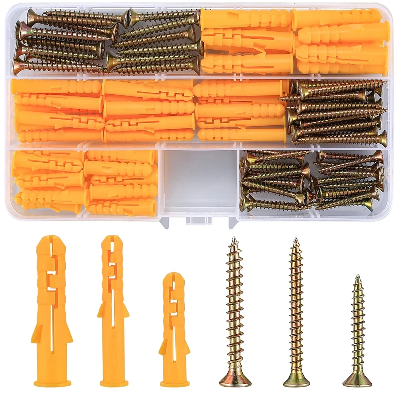 110 Pcs Screws and Wall Plugs Set(55 x Masonry Screw, 55 x Expansion Anchor Bolts), M6 M8 Wall Plugs and Screws, for Brick Concrete Drywall Self Tapping Screw and Wall Plug