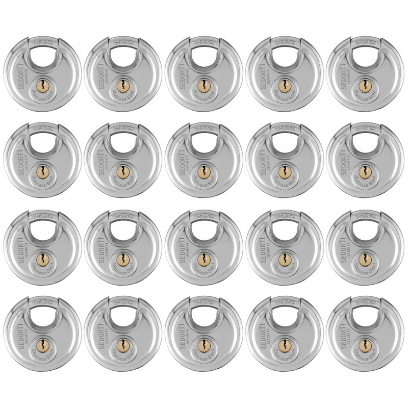SEDORTI 20-Pack Discus Padlocks Keyed Alike, 2-3/4 inch Wide, Stainless Steel 304 Round Lock, Waterproof and Rustproof Storage Lock with Brass Keys, Ideal for Storage Unit Gate, Outdoor, Shed, Fence - Image 1
