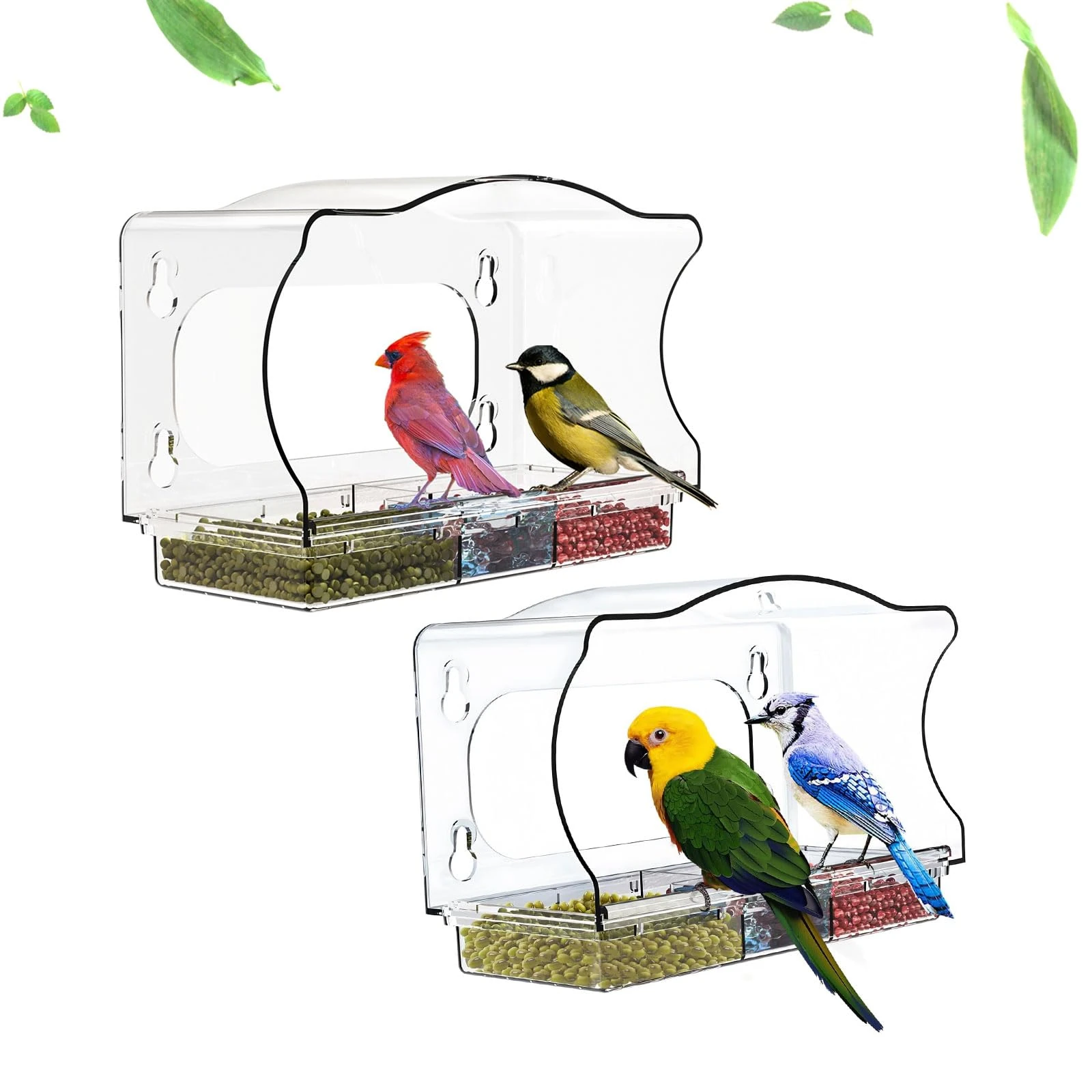2 Pack Window Bird Feeder (9.8x4.3x5.7 in) with Strong Suction Cup, Large Acrylic Bird House for Outside Garden