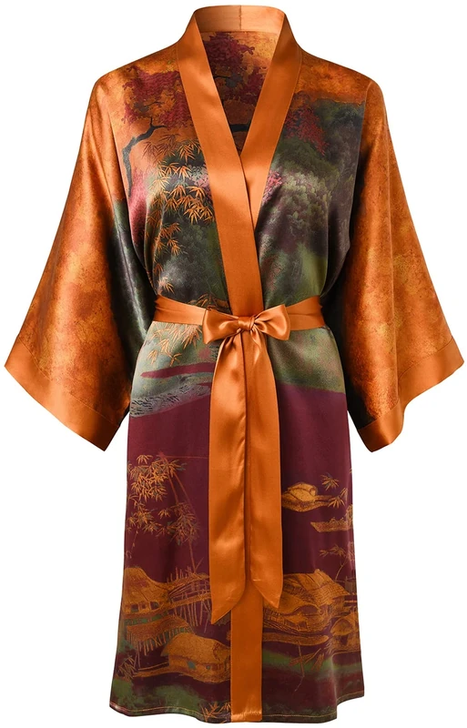 Ledamon Women's 100% Silk Kimono Short Robe (Silk, Landscape - Golden)