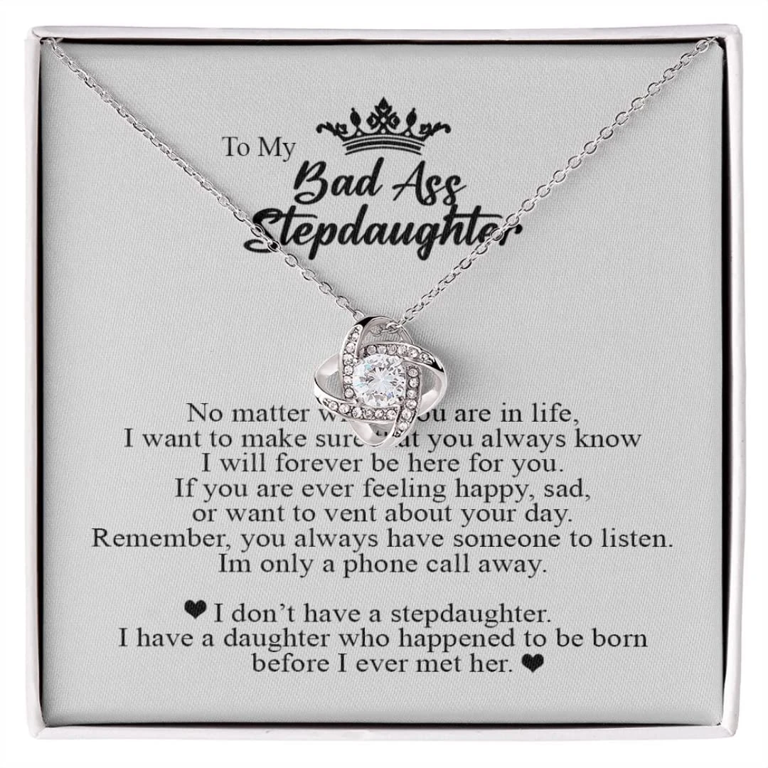 To My Bad Ass Step Daughter, Gifts for Stepdaughter, Step Daughter Gifts, Love Knot Necklace, Jewelry Card for Her, Stainless Steel, Cubic Zirconia