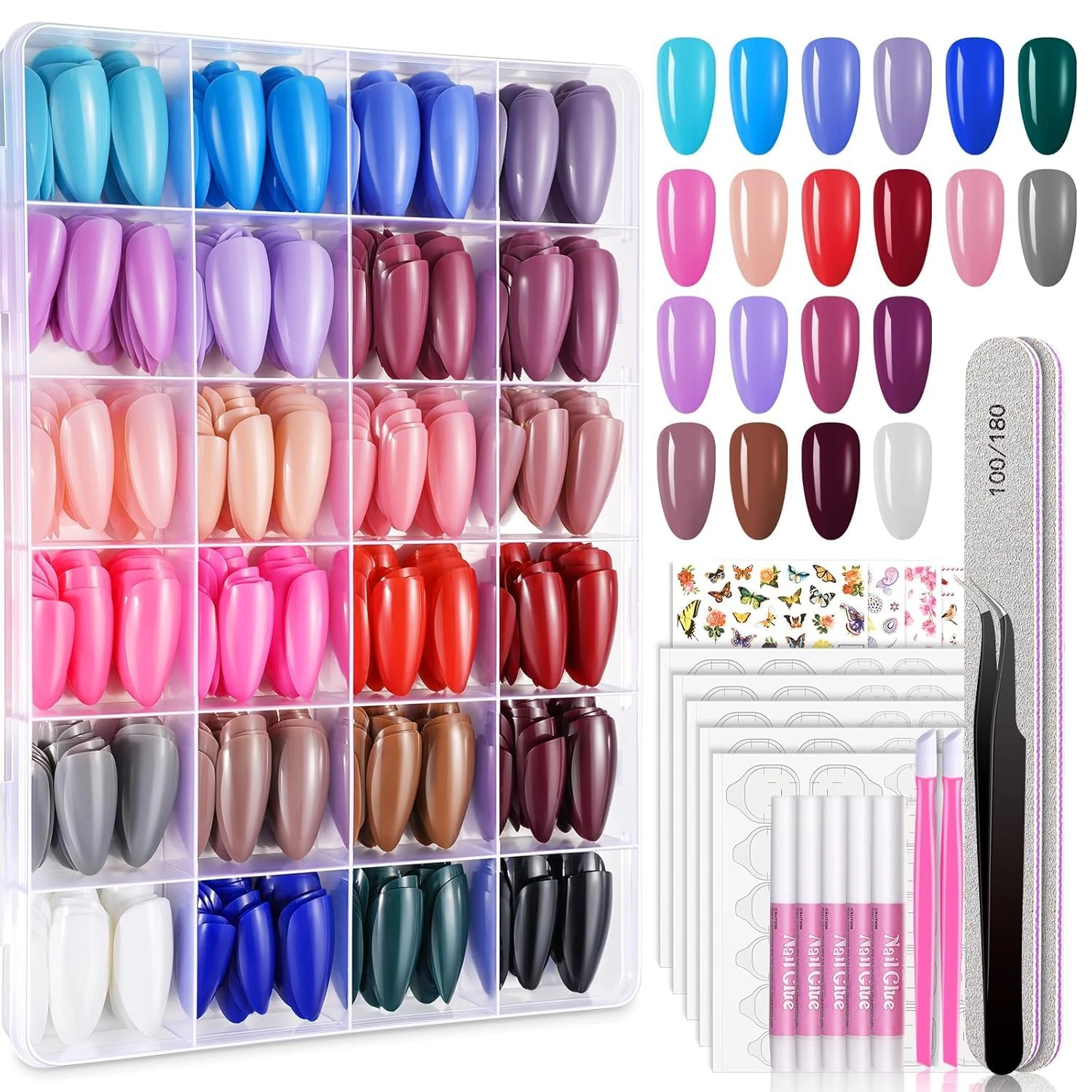 720PCS Almond Press on Nails Medium, MORGLES 24 Colors False Nails with Glue, Adhesive Tabs, Stickers, Tweezer, 10 Sizes