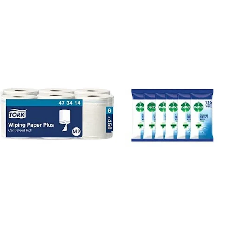 Tork 473414 Multipurpose Wiping Paper Towels/Rolls, M2 Centrefeed System Big Dispensers/White / 6 x 150.7m / Ø 18cm Bundle with Dettol Wipes Antibacterial, Multipack of 6 x 126, Total 756 Wipes