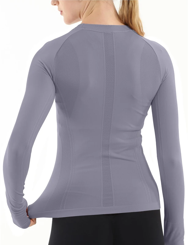 MathCat Seamless Workout Shirts for Women Long Sleeve Yoga Tops Sports Running Shirt Breathable Athletic Top Slim Fit, Blue Grey, Medium