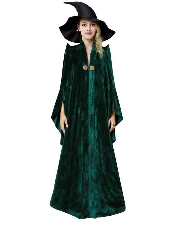 JKonHer Womens Professor Costume Witch Halloween Cosplay Robe Wizard Cloak Witch Hat, Green, XXL