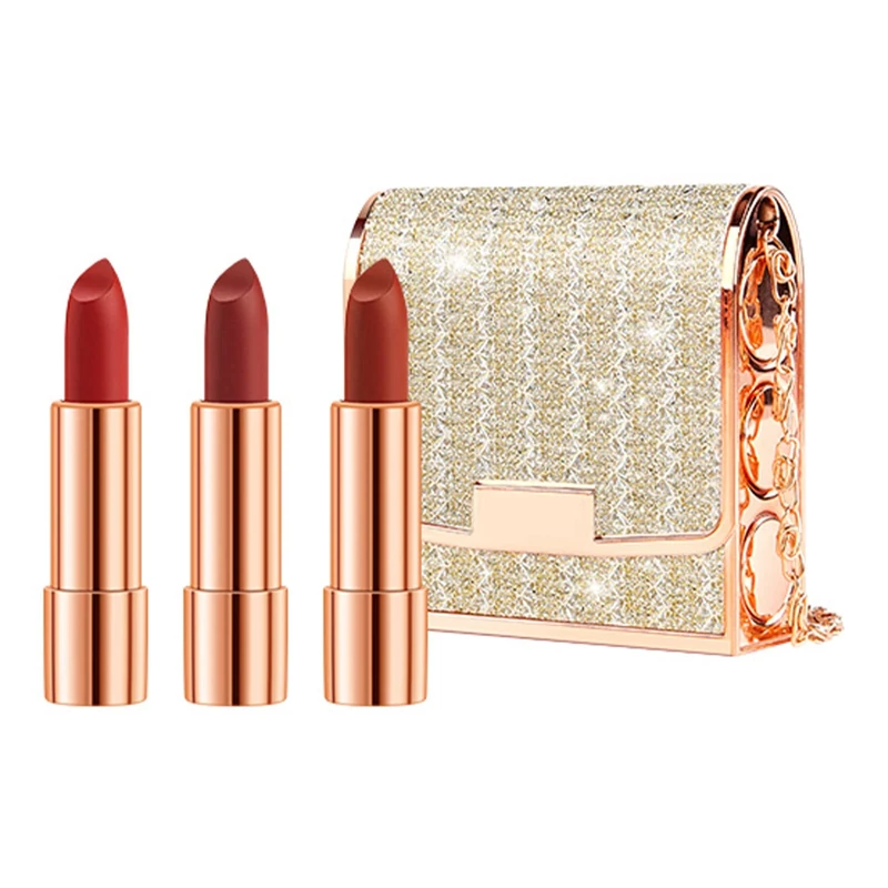 Newvenper 3-Color Matte Lipstick Set - Lasting Finish, Chain Bag