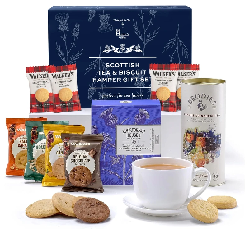 Scottish Tea and Biscuits Gift Set – Hattie’s Gifts Scottish Hamper with Luxury Shortbread and Brodies Tea – Snack Food Gift for Valentine's, Mothers Day and Fathers Day