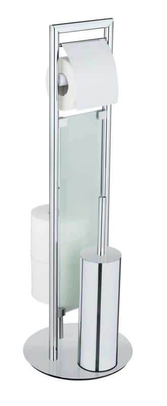 WENKO Sulmona stainless steel free-standing toilet brush set, with toilet paper holder and spare roll holder on heavy base plate, WC brush set with silicone brush head, Ø 25 x 76 cm, shiny