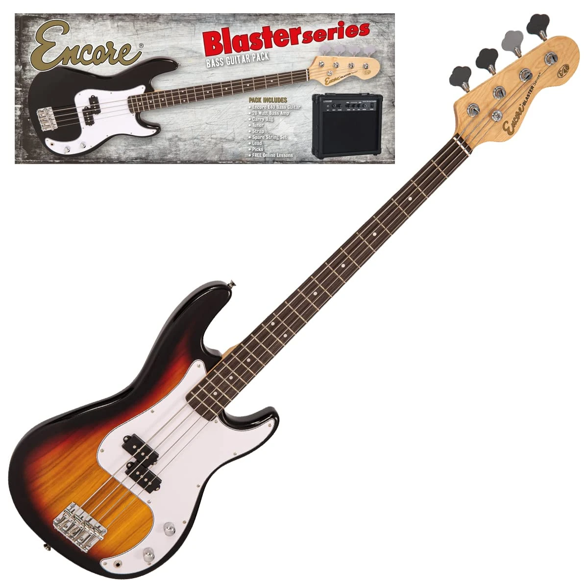 Encore Blaster E40 Bass Guitar Pack – Sunburst | Includes Guitar, Bag, Strap, Tuner, Amp and Accessories | Lightweight Solid Paulownia Body | Online Lessons Included | Perfect Beginner Bass Guitar