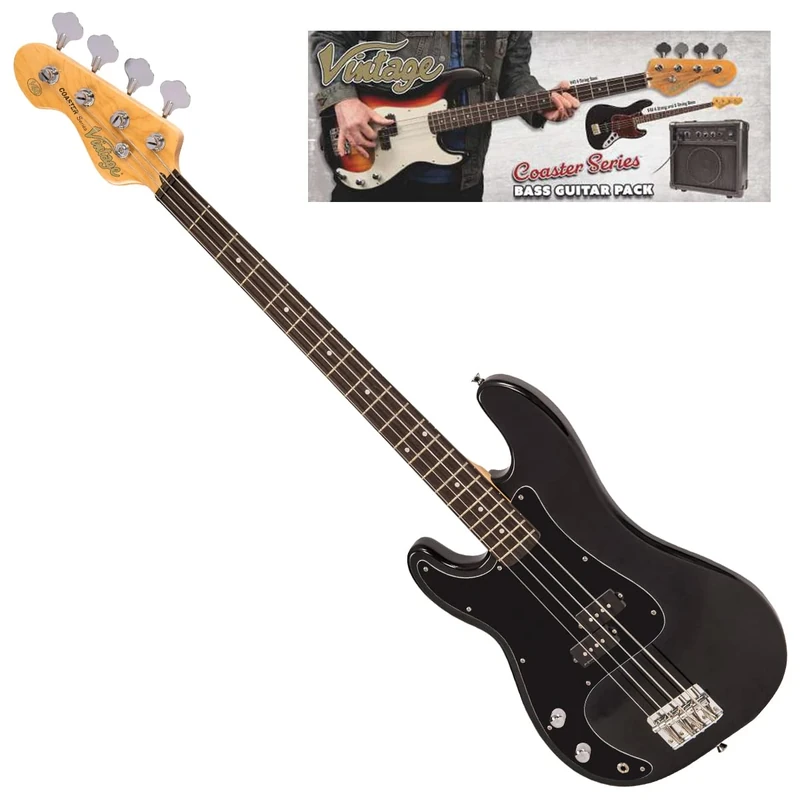 VINTAGE V40 COASTER LEFT HANDED BASS GUITAR PACK - GLOSS BLACK