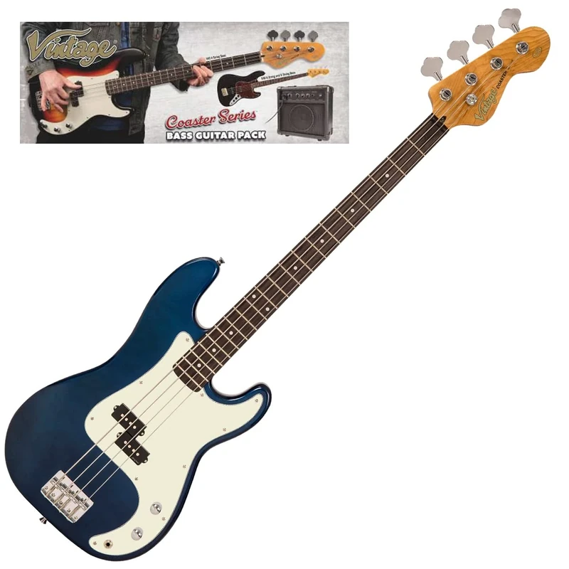 VINTAGE V40 COASTER BASS GUITAR PACK - CANDY APPLE BLUE
