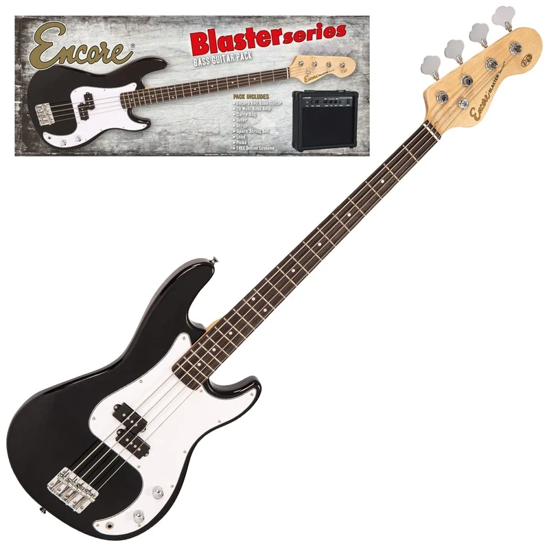 Encore Blaster E40 Bass Guitar Pack – Gloss Black | Includes Guitar, Bag, Strap, Tuner, Amp and Accessories | Lightweight Solid Paulownia Body |Online Lessons Included | Perfect Beginner Bass Guitar