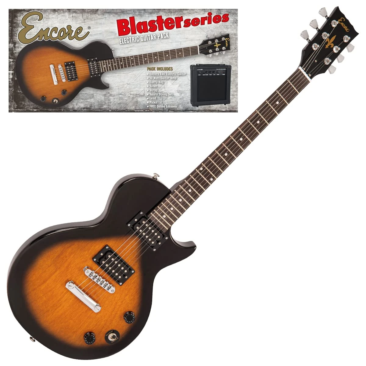 Encore Blaster E90 Electric Guitar Pack – Tobacco Sunburst - Includes Guitar, Bag, Strap, Tuner, Amp and Accessories| Mahogany Body & Neck | Online Lessons Included | Perfect Beginner Electric Guitar