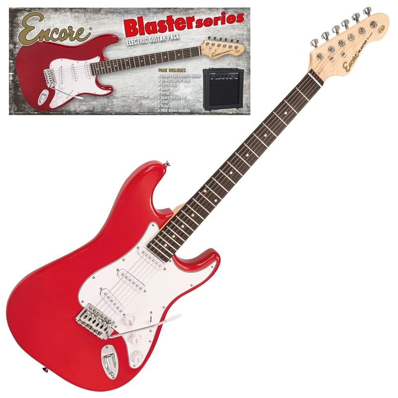 Encore Blaster E60 Electric Guitar Pack – Gloss Red - Includes Guitar, Bag, Strap, Tuner, Amp and Accessories | Double-Cutaway Solid Body | Online Lessons Included | Perfect Beginner Electric Guitar