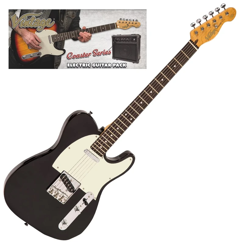 VINTAGE V20 COASTER ELECTRIC GUITAR PACK - GLOSS BLACK