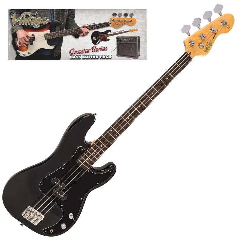 VINTAGE V49 COASTER BASS GUITAR PACK - GLOSS BLACK
