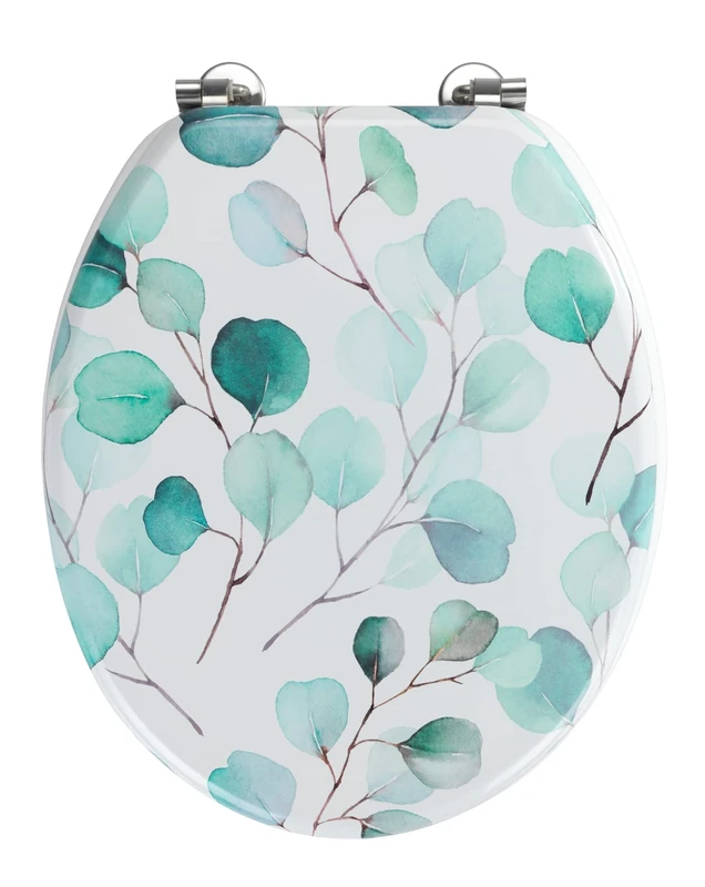 WENKO Pioppo toilet seat, made of medium-density fibreboard, FSC certified, with heavy stainless steel fastening and loo lid with attractive leaf motif in shades of green, (W x D): 35.5 x 42.5 cm