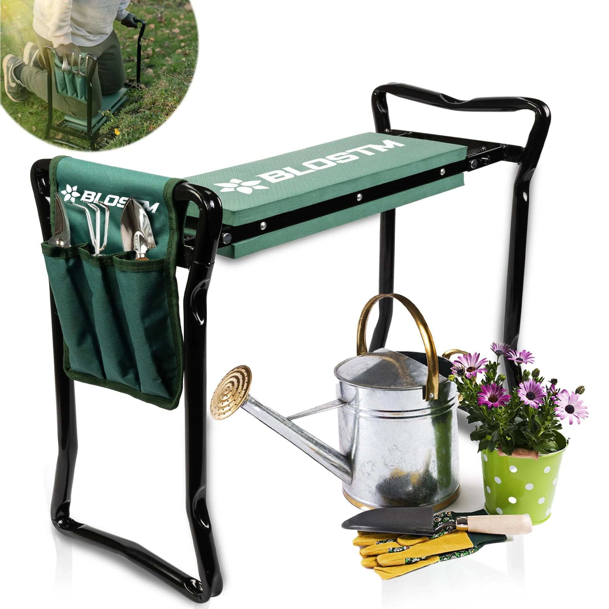 BLOSTM 2 in 1 Garden Kneeler and Seat - Foldable, Portable Kneeling Pad & Stool with Handles, Thick Soft Foam Cushion, High Load Capacity (Up to 150kg) - With Pouch for Gardening Tools