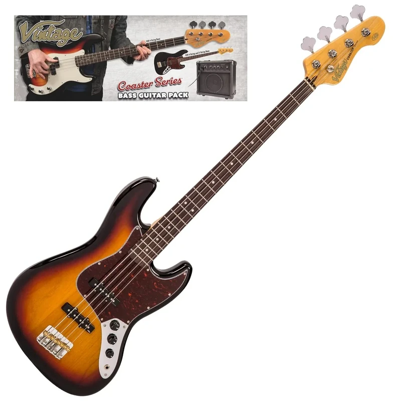 VINTAGE V49 COASTER BASS GUITAR PACK - 3 TONE SUNBURST