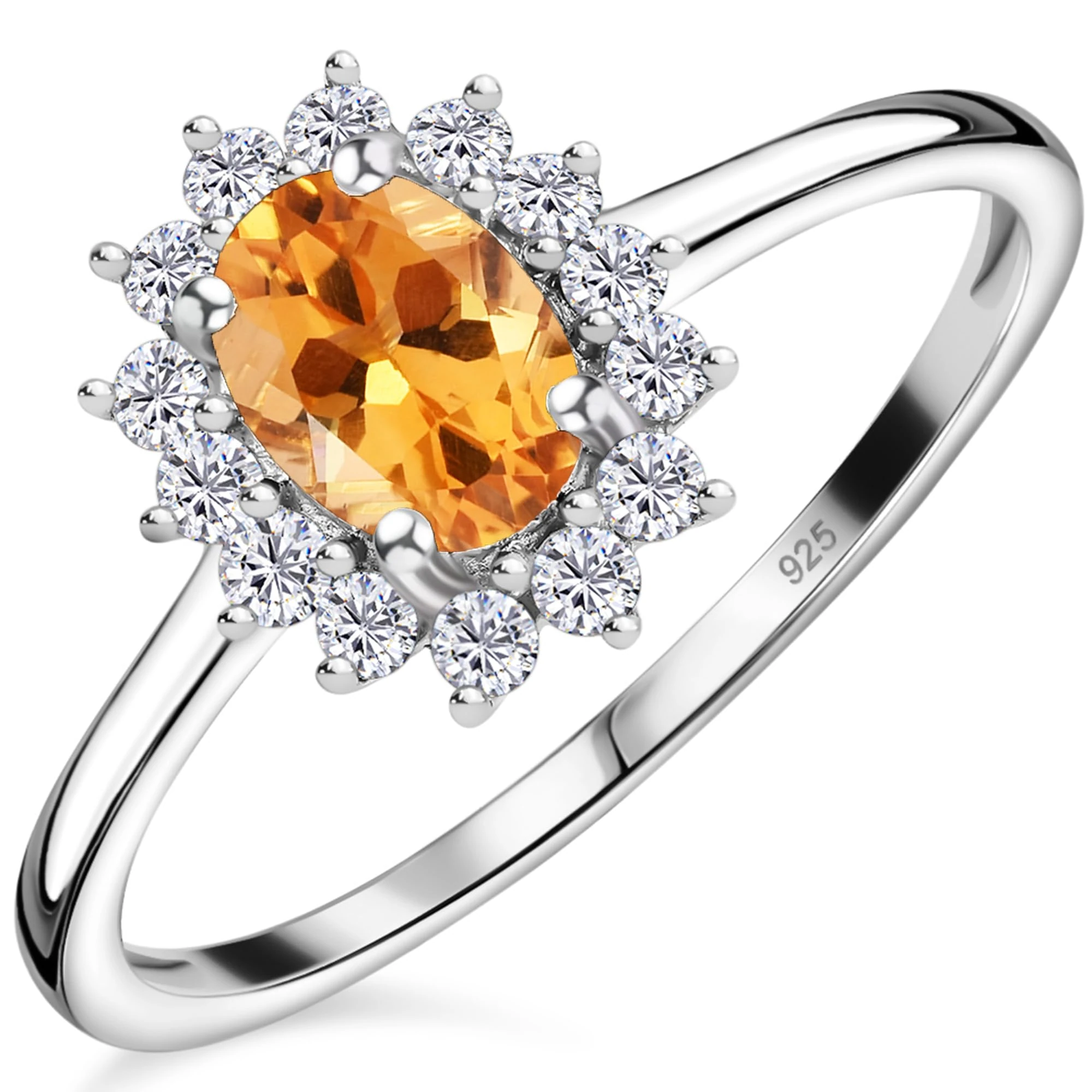 TJC Citrine Halo Ring for Women in Platinum Plated 925 Sterling Silver Size S
