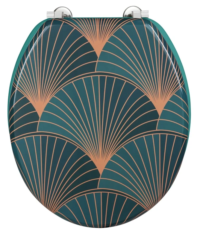 WENKO Aira toilet seat, made of medium-density fibreboard, FSC certified, with stainless steel fastening and loo lid with geometric motif in Art Deco style, (W x D): 35.5 x 42.5 cm, Multicoloured