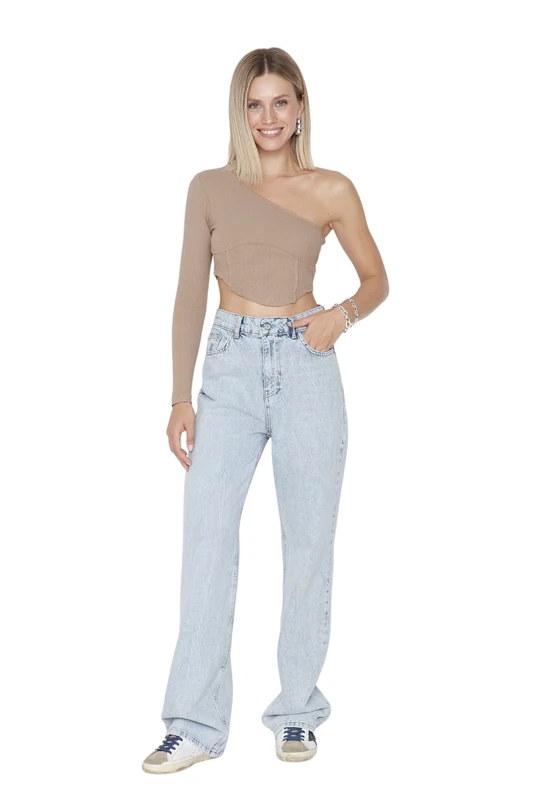 Trendyol Women High Waist Straight Leg Wide Leg Jeans Light Blue