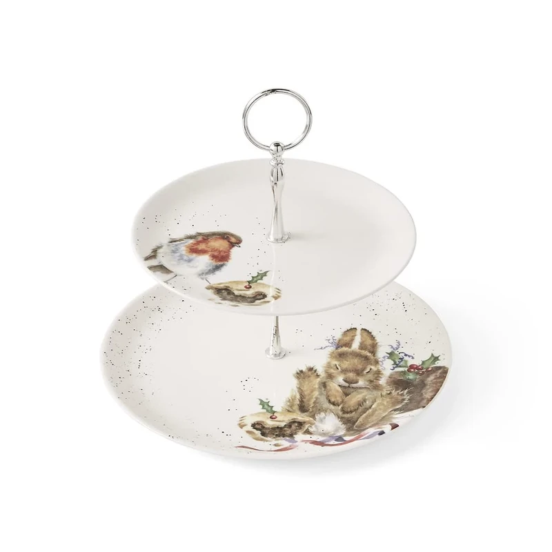 Wrendale Designs Royal Worcester Wrendale Deigns Festive Two Tier Cake Stand A Merry Little Christmas - Robin and Bunny, White