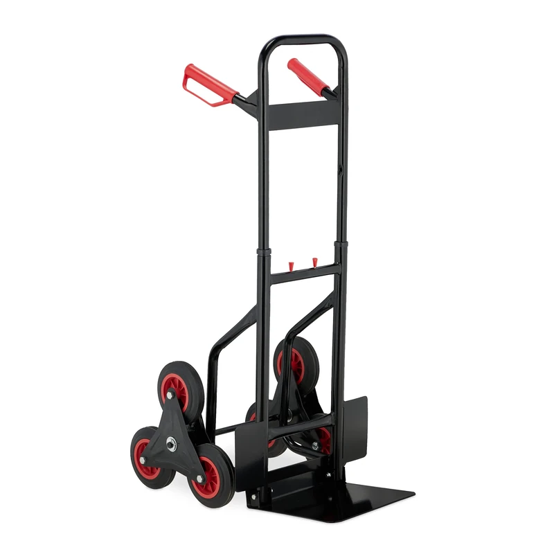 Relaxdays Stair Climbing Hand Truck, Folding Cart, up to 200 kg, Solid Rubber Tyres, Height Adjustable, Black/Red, 113 x 48.5 x 66 cm - Image 1