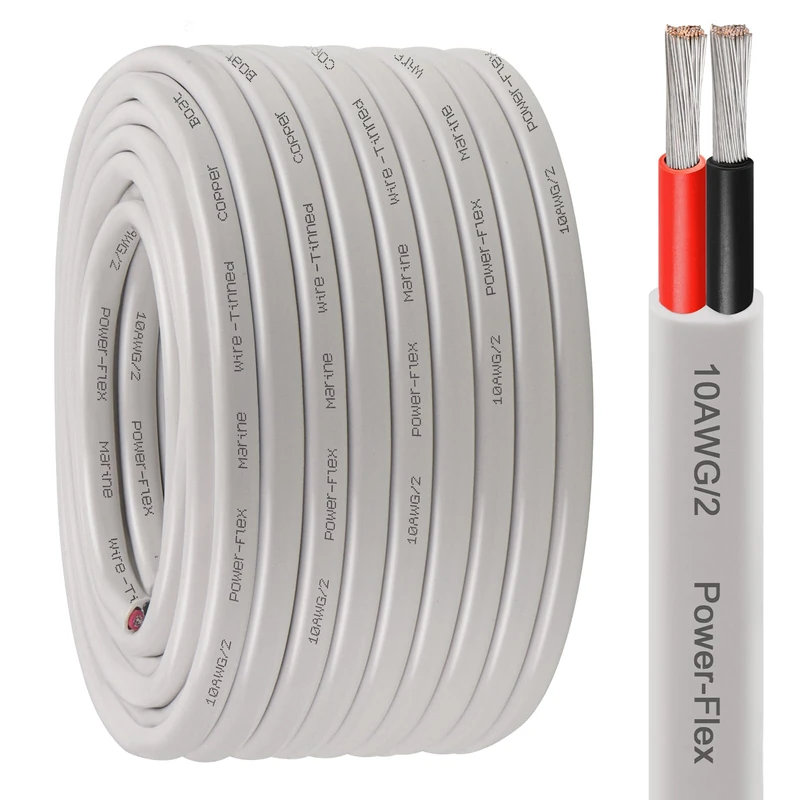 Kimbluth 10 Gauge Duplex Marine Wire Tinned Copper Boat Cable, 100ft 10 AWG Standard USA OFC Oxygen Free Copper Wire for Automotive Boat Speakers Solar Outdoors