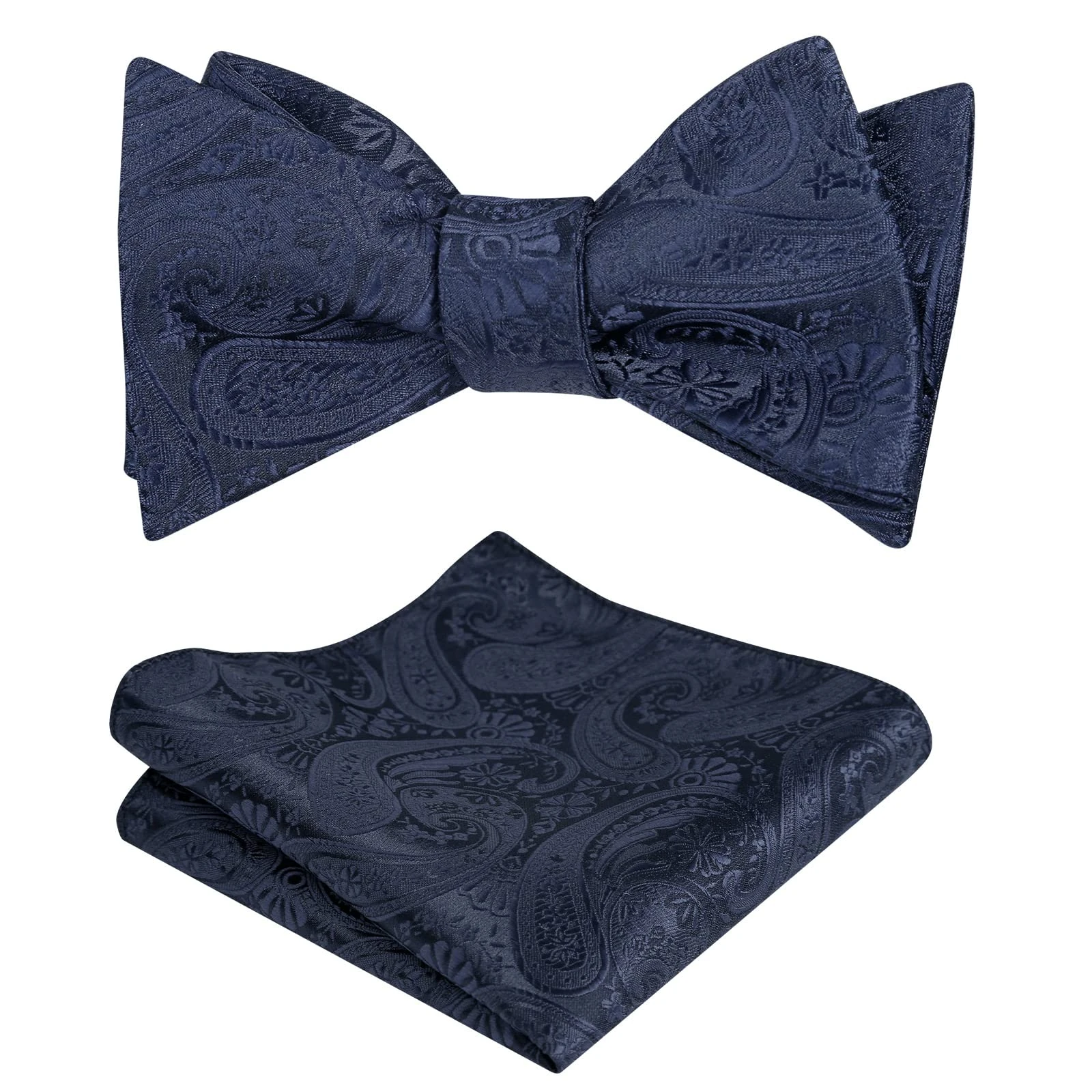 Alizeal Mens Self Tie Bow Ties and Pocket Square Paisley Jacquard Classic Hanky and Tie Set, Dark Navy