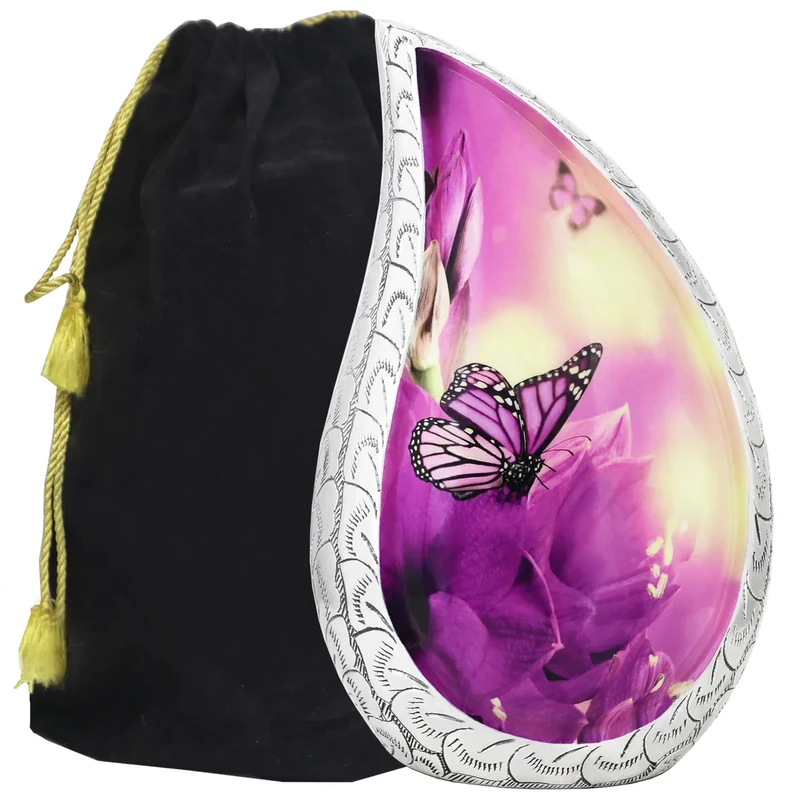 M MEILINXU Cremation Urns for Human Ashes Adult Female & Male, Funeral Urn for Ashes for Women & Man, Teardrop Decorative Cremation Container, Dad or Mom, Purple Flower and Butterfly -Large Tear Drop