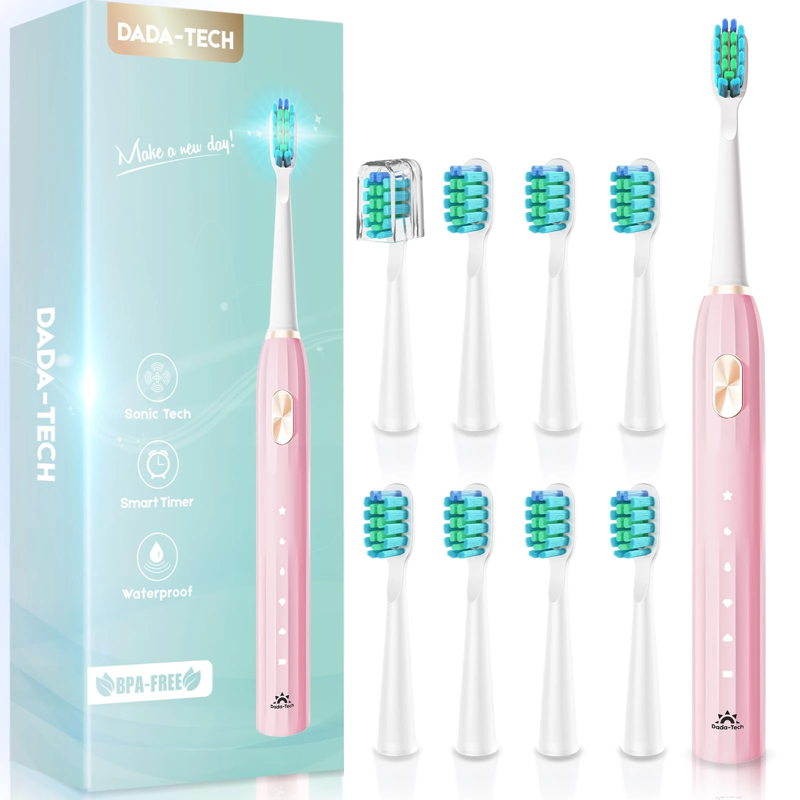 Kids Electric Toothbrush 6-12 Rechargeable Sonic Toothbrush with 9 Reminder Brush Heads 5 Cleaning Modes 2-Minute Timer Childrens Toothbrush (Pink)