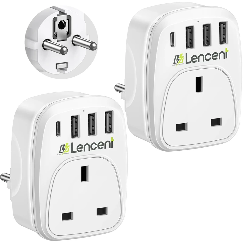 LENCENT 2 Packs UK to EU Euro Europe Plug Adapter, Grounded European Travel Adapter with 3 USB Ports and 1 Type C Port for Germany Spain France Portugal Greece Russia Netherlands and more (Type E/F)