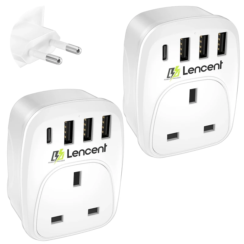 LENCENT 2 Packs UK to EU Euro Europe Plug Adapter, European Travel Adapter with 3 USB Ports and 1 USB C Port for Italy Switzerland Germany Spain France Portugal Greece Netherlands and more (Type C)