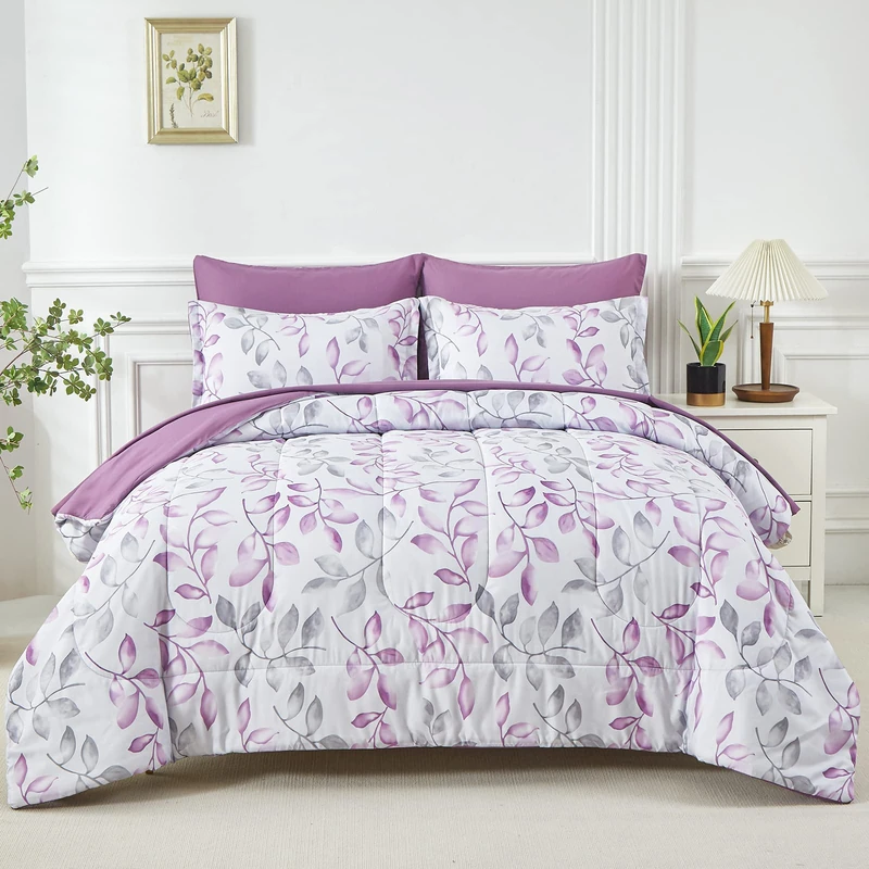 Yogeneg Botanisches Bettdecken-Set, Queen-Size-Größe, 7-teilig, Bett in einer Tasche, lila, graue Blätter, weiche Mikrofaser-Bettwäsche-Komplett-Set für alle Jahreszeiten (lila, Queensize)