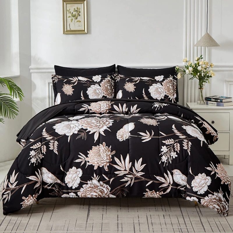 Yogeneg 7 Piece Bed in a Bag Kingsize Comforter Set Botanical Floral Bedding Set,Flower Leaf Brid Printed on Black Reversible Design,Soft Microfiber Comforter with Sheet Set,All Season(Black B,King)