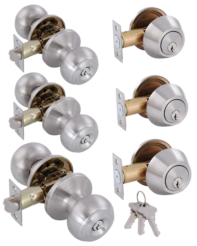 GITRANG (3 Pack) All Keyed Identical Deadbolt Door knob Single Cylinder Deadbolt Lock Combo Set, Classic Satin Nickel Exterior Door Knobs with Deadbolt Entrance and Front Door Lock