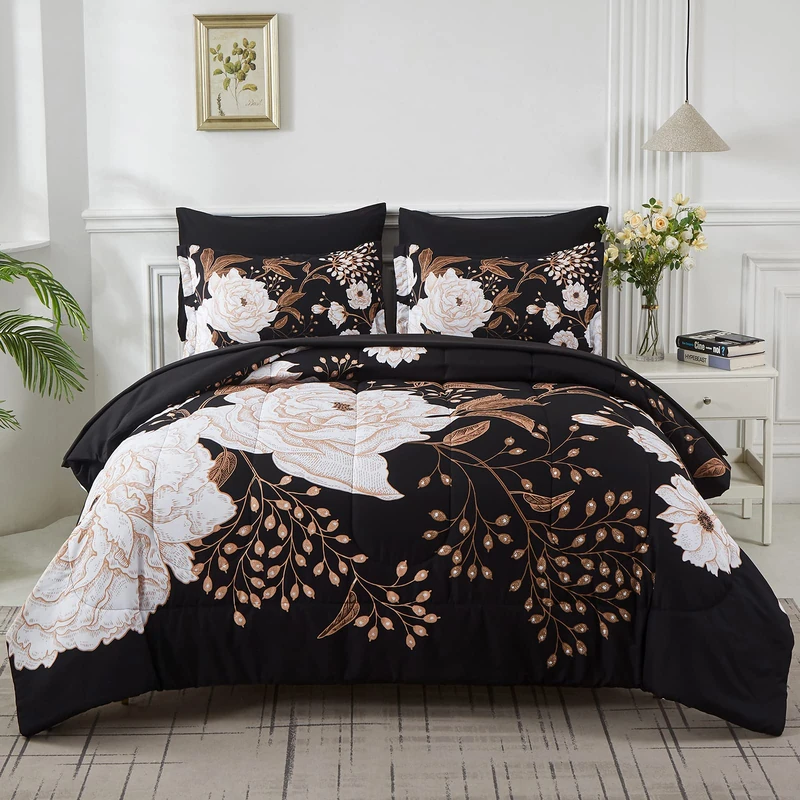 Yogeneg 7 Piece Bed in a Bag King Size Comforter Set Botanical Floral Bedding Set,White Flower Leaves Printed on Black Reversible Design,Soft Microfiber Comforter with Sheet Set,All Season(Black,King) - Image 1