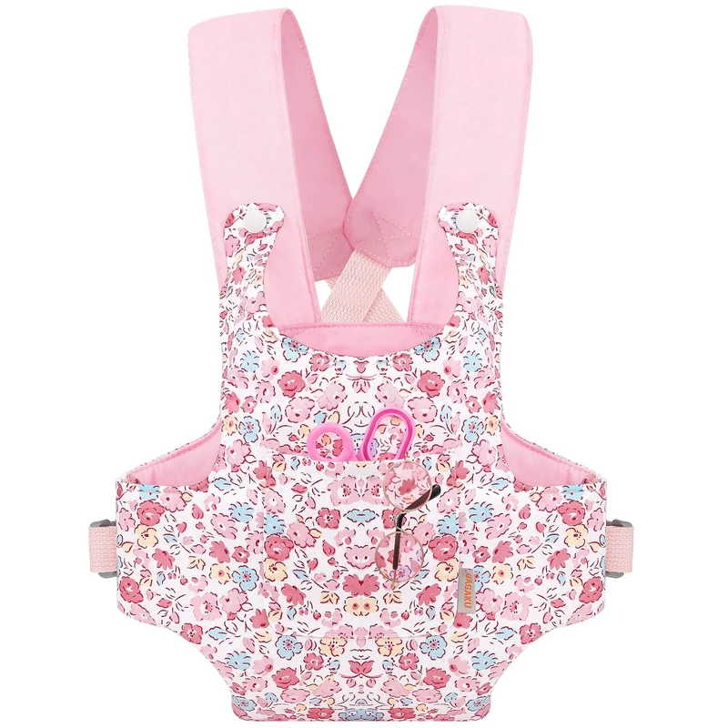 GAGAKU Baby Doll Carrier Front and Back Stuffed Toy Carrying Cross Shoulder Straps Carriers for Girls Snap Fastener - Pink Flowers