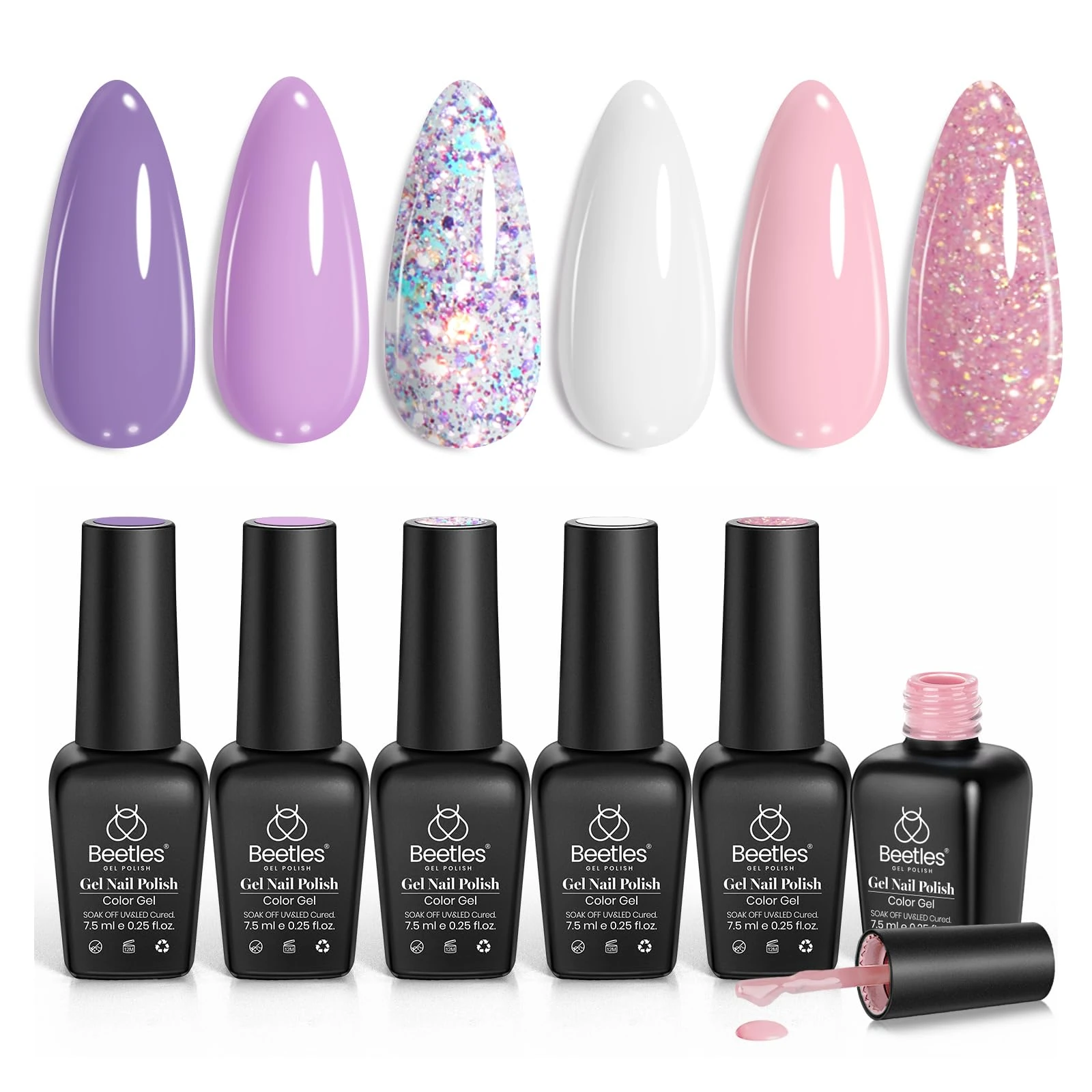 Beetles 6 Colors Gel Nail Polish Kit, Romantic Garden Pink Purple Glitter Gel Polish Milky White Soak Off Nail Lamp Cured Nail Art Gift Box DIY Manicure