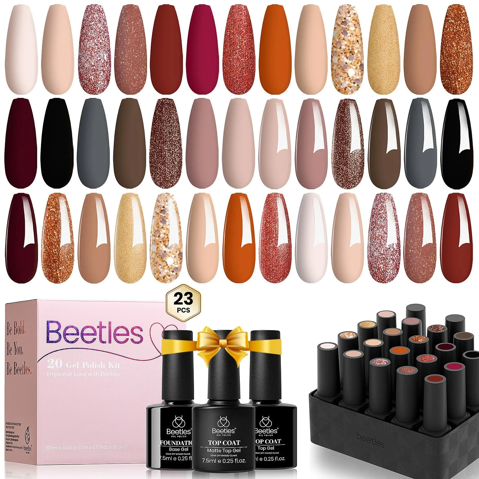 beetles Gel Polish 23Pcs Verse of Roses Nude Pink Brown Burgundy Red Gel Nail Polish Kit Colors with Base Top Coat Verse of Roses Kit Gel Polish Set Golden Glitter