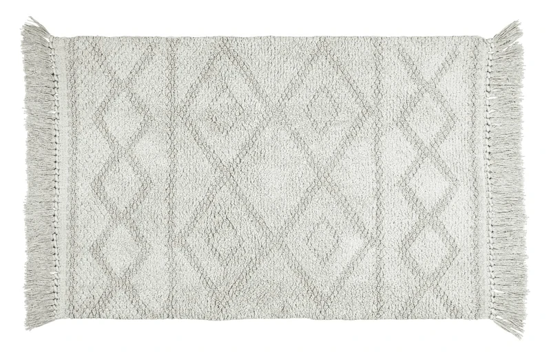 WENKO Urla bath mat, bath rug made of 100% certified organic cotton with jacquard pattern and fringes, anti-slip coated underside, washable up to 40 °C, (W x D): 60 x 90 cm, Grey