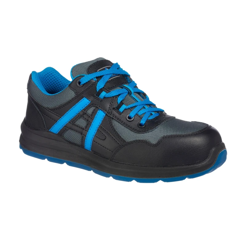 Portwest FT60 Compositelite Mersey Trainer S1P Metal Free Composite Toe Midsole Leather Textile Slip Oil Resistant Breathable Lightweight Footwear, Black/Blue, 47
