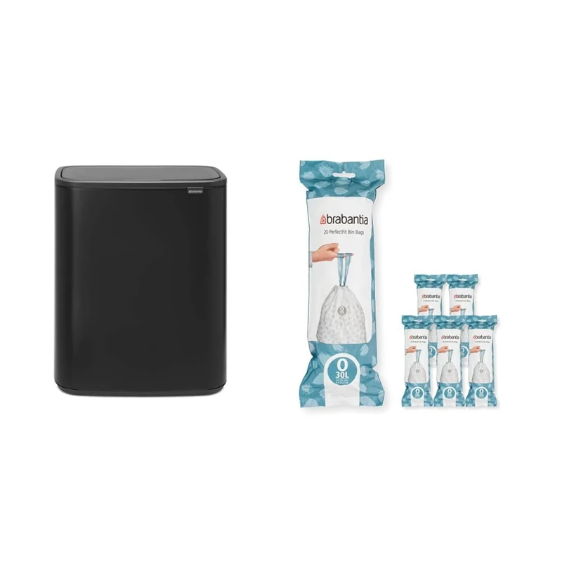 Brabantia Bo Touch Bin - 2 x 30 Litre Inner Buckets (Matt Black) Waste/Recycling Kitchen Bin + O Liners Multipack Box (120 rolls)