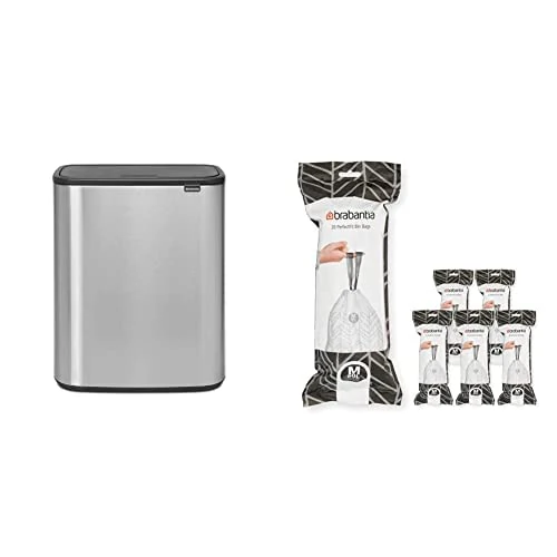 Brabantia Bo Touch Bin - 1 x 60 Litre Inner Buckets (Matt Steel FPP) Waste/Recycling Kitchen Bin + M Liners Multipack Box (120 rolls)
